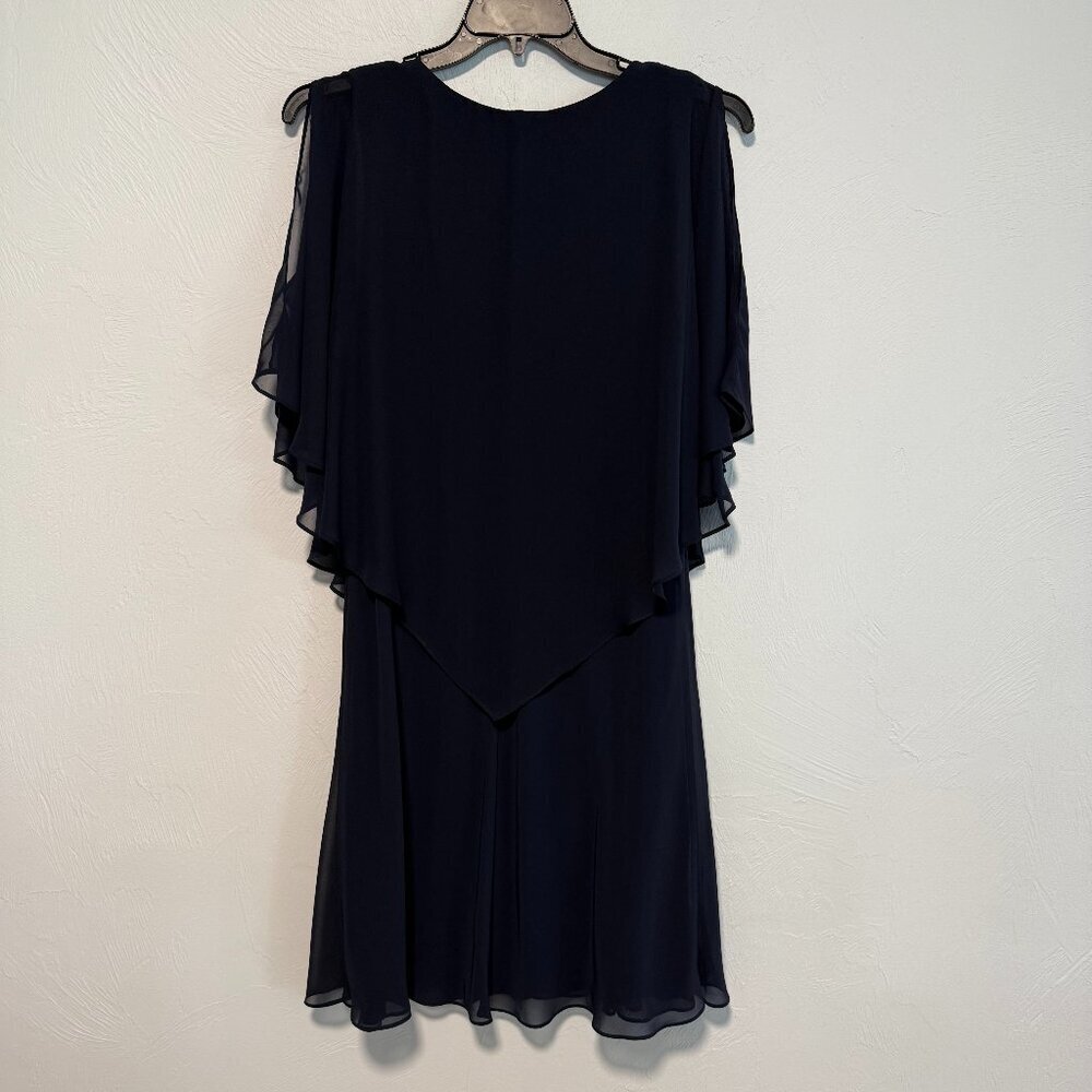 Jeweled V-Neck Chiffon Overlay Flutter Short-Sleeve Navy Blue Shift Dress - Picture 3 of 8